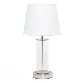 Encased Metal and Clear Glass Table Lamp, Brushed Nickel and White