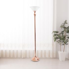 1 Light Torchiere Floor Lamp with Marbleized White Glass Shade, Rose Gold